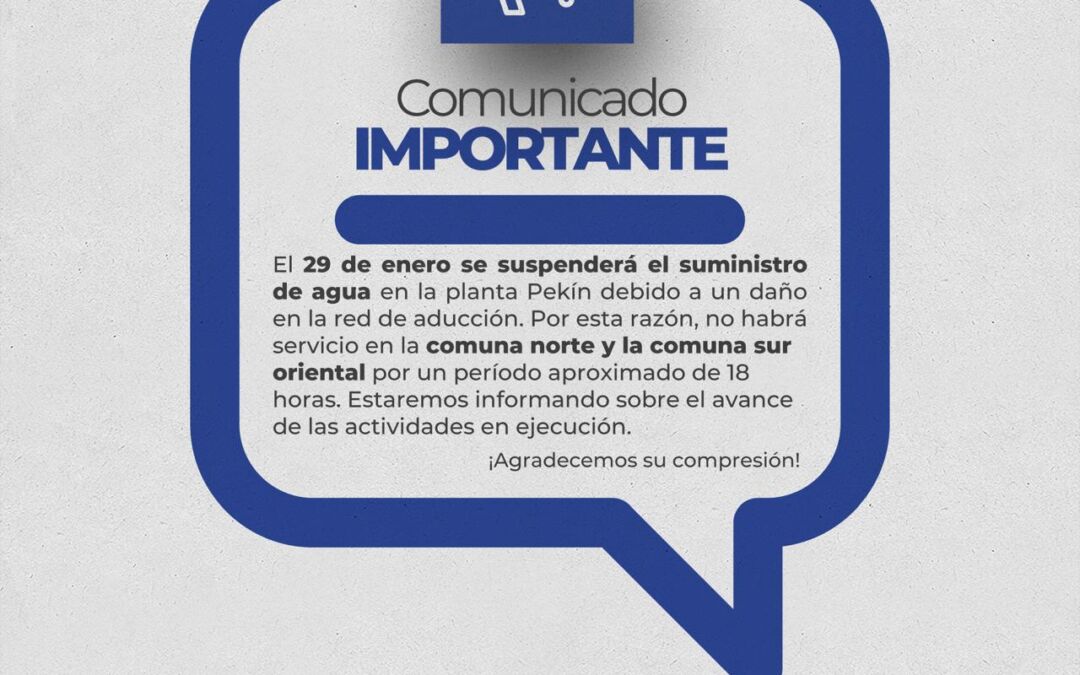 Este Mi�rcoles 29 de Enero a partir de las 7:00 AM se realiza suspensi�n del servicio de agua potable a Barrios de las comunas norte y sur oriental de Fusagasug� anuncia Emserfusa.